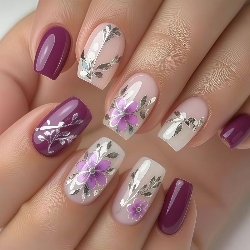Nail Art Flower - 24PCSPurple Press on Nails Medium Fake