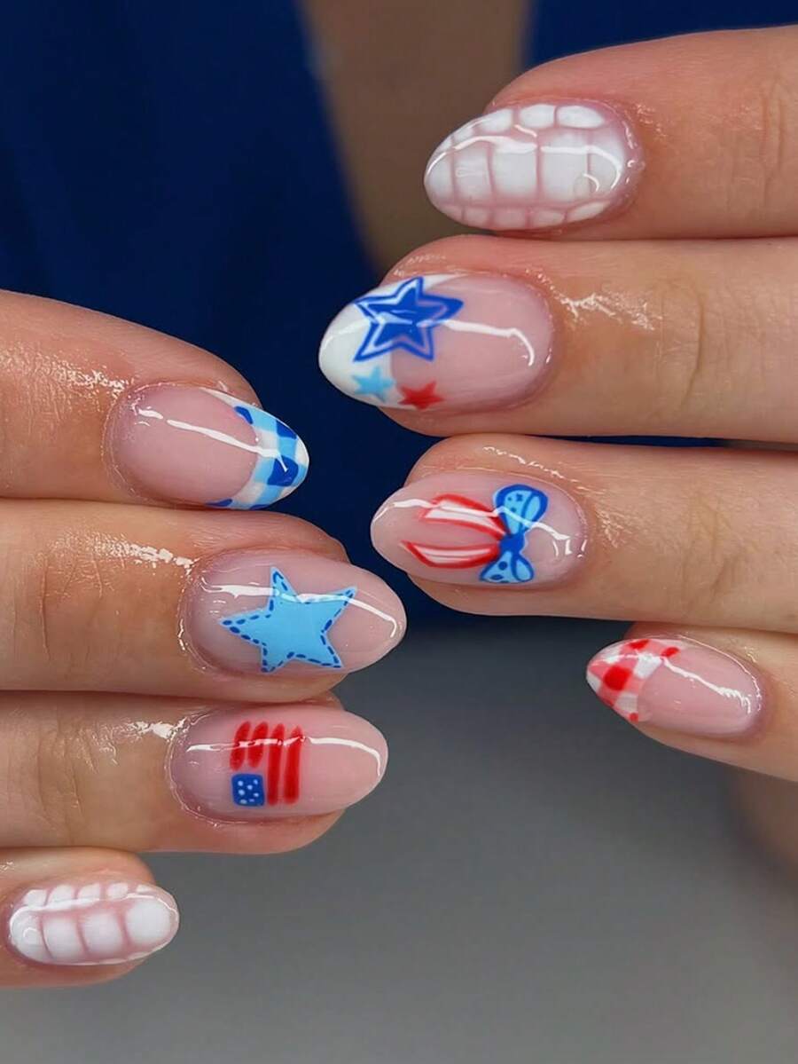 Nail Gel Polish Set - 24-Piece Red White Blue Patriotic Nail