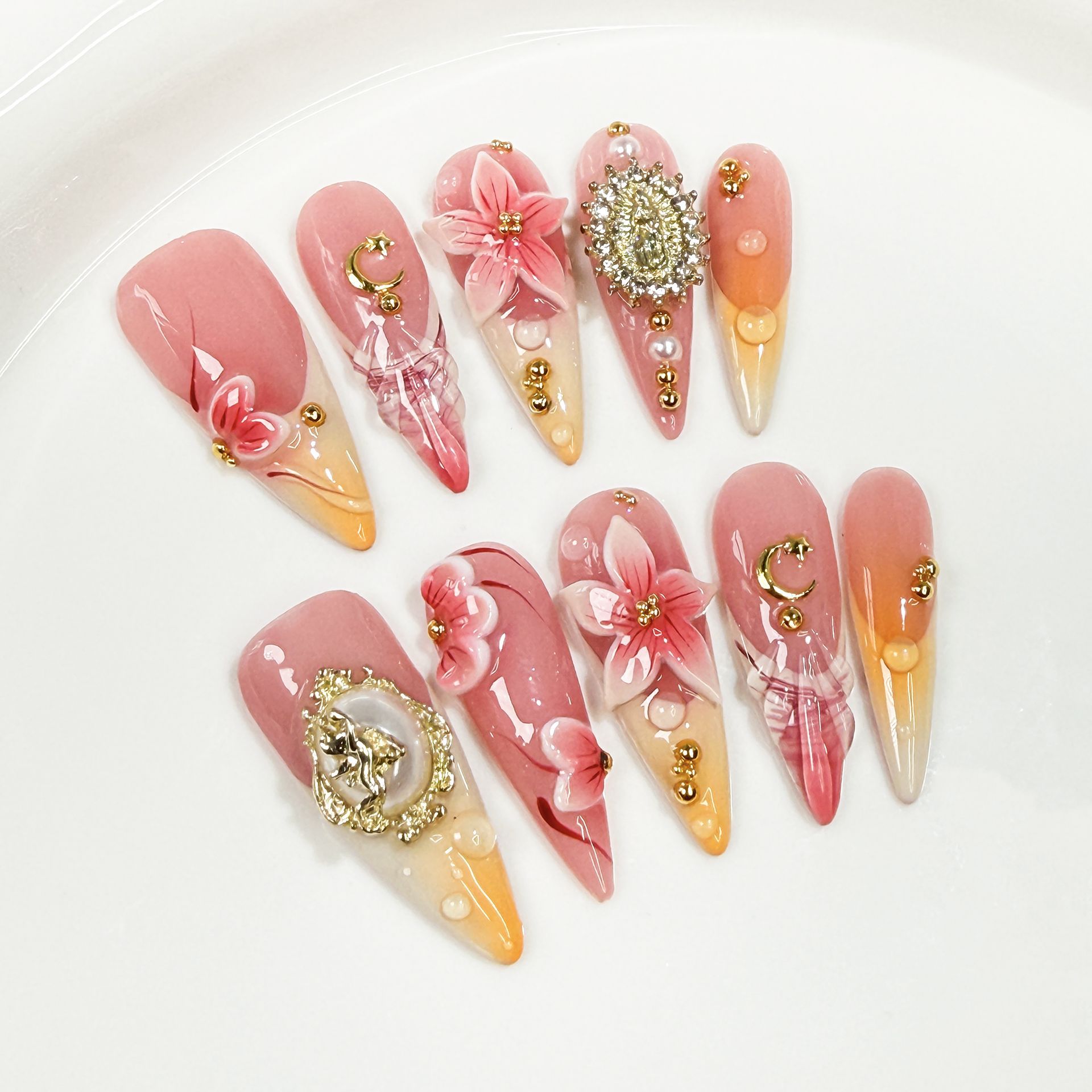Nail Art Flower - 10Pcs Retro Long Stiletto Fake Nail