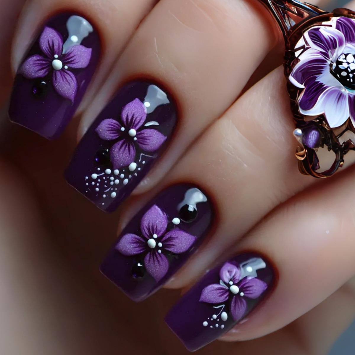 Nail Art Flower - Medium square fake nails for women
