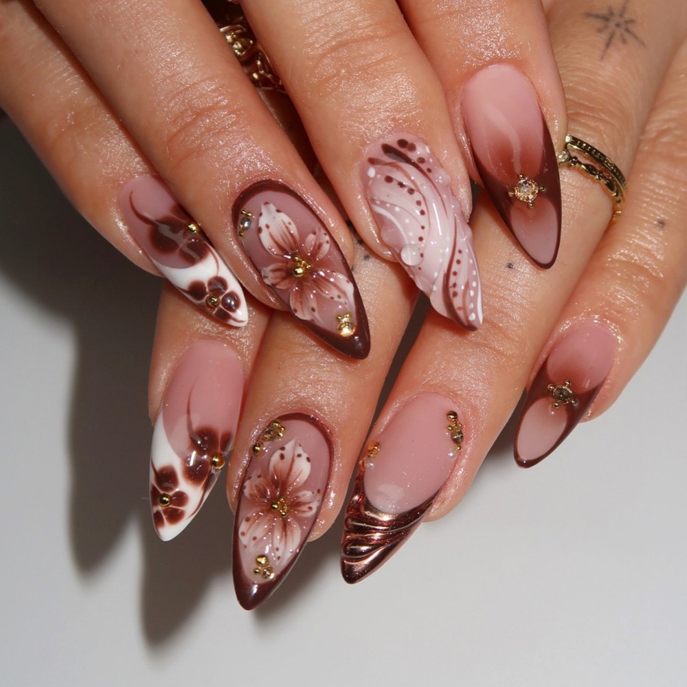 Nail Art Flower - 24Pcs 3D French Press On Nails