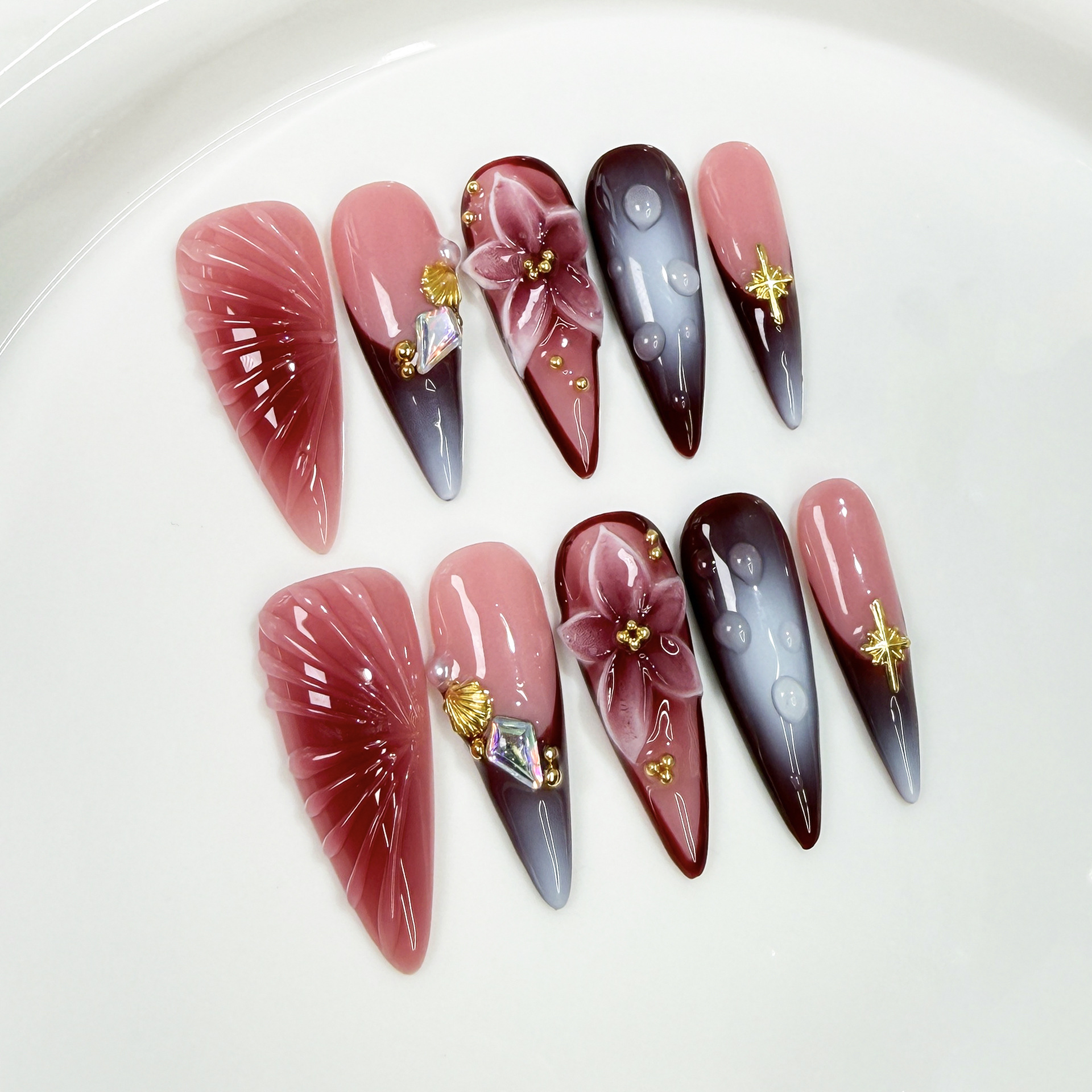 10Pcs Retro Long Stiletto Fake - Nail Art Flower incelemesi ve fiyatı